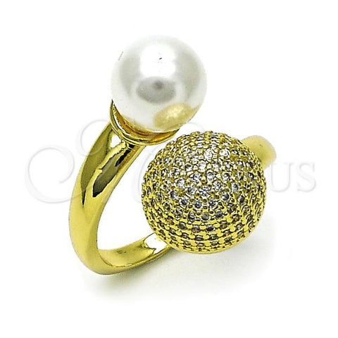 Oro Laminado Multi Stone Ring, Gold Filled Style Ball Design, with Ivory Pearl and White Micro Pave, Polished, Golden Finish, 01.341.0134