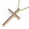 Oro Laminado Pendant Necklace, Gold Filled Style Cross Design, with Garnet Cubic Zirconia, Polished, Golden Finish, 04.284.0026.1.20