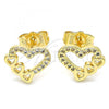 Oro Laminado Stud Earring, Gold Filled Style Heart Design, with White Micro Pave, Polished, Golden Finish, 02.156.0505