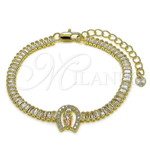 Oro Laminado Fancy Bracelet, Gold Filled Style San Judas and Baguette Design, with White Cubic Zirconia, Polished, Tricolor, 03.411.0031.07