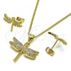 Oro Laminado Earring and Pendant Adult Set, Gold Filled Style Dragon-Fly Design, with White Micro Pave, Polished, Golden Finish, 10.342.0119