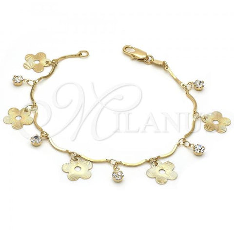 Oro Laminado Charm Bracelet, Gold Filled Style Flower Design, with White Cubic Zirconia, Diamond Cutting Finish, Golden Finish, 03.63.1531.07