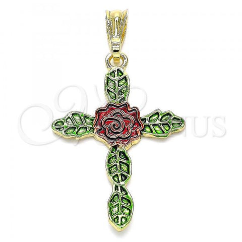 Oro Laminado Religious Pendant, Gold Filled Style Cross and Flower Design, Polished, Tricolor, 05.351.0162