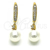 Oro Laminado Long Earring, Gold Filled Style with Ivory Pearl and White Micro Pave, Polished, Golden Finish, 02.387.0109