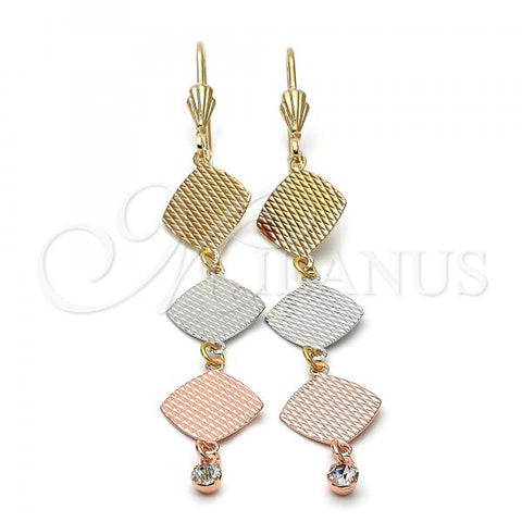 Oro Laminado Long Earring, Gold Filled Style with White Cubic Zirconia, Diamond Cutting Finish, Tricolor, 5.104.016