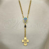 Oro Laminado Thin Rosary, Gold Filled Style Medalla Milagrosa and Cross Design, with Black Azavache, Polished, Golden Finish, 09.02.0032.18
