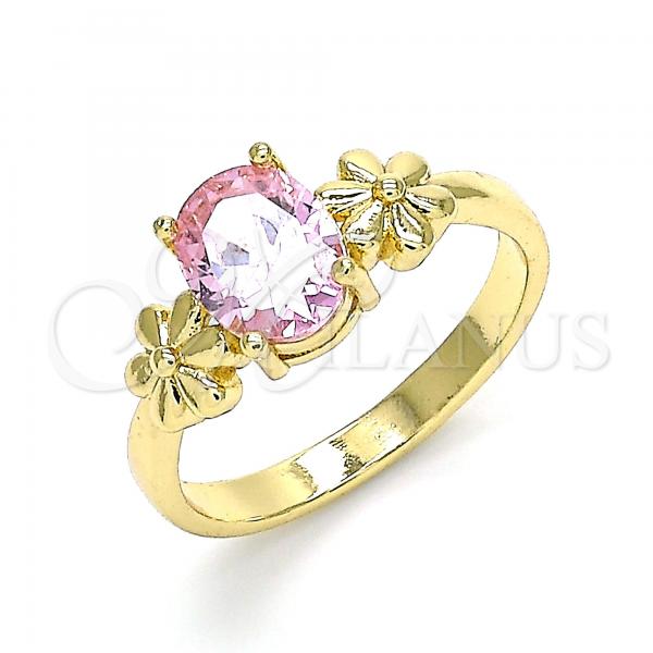 Oro Laminado Multi Stone Ring, Gold Filled Style Flower Design, with Pink Cubic Zirconia, Polished, Golden Finish, 01.210.0121.1.09