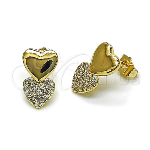 Oro Laminado Stud Earring, Gold Filled Style Heart Design, with White Micro Pave, Polished, Golden Finish, 02.204.0051