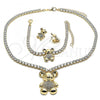 Oro Laminado Necklace, Bracelet and Earring, Gold Filled Style Teddy Bear Design, with White Cubic Zirconia and White Crystal, Polished, Golden Finish, 06.372.0015