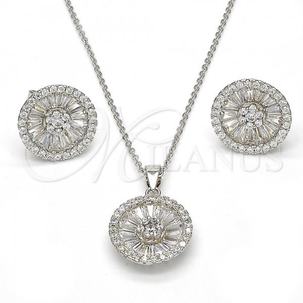 Sterling Silver Earring and Pendant Adult Set, Flower Design, with White Cubic Zirconia, Polished, Rhodium Finish, 10.174.0276