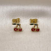 Oro Laminado Stud Earring, Gold Filled Style Cherry Design, Red Enamel Finish, Golden Finish, 02.156.0708