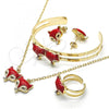 Oro Laminado Earring and Pendant Children Set, Gold Filled Style with White Crystal, Red Enamel Finish, Golden Finish, 06.65.0144