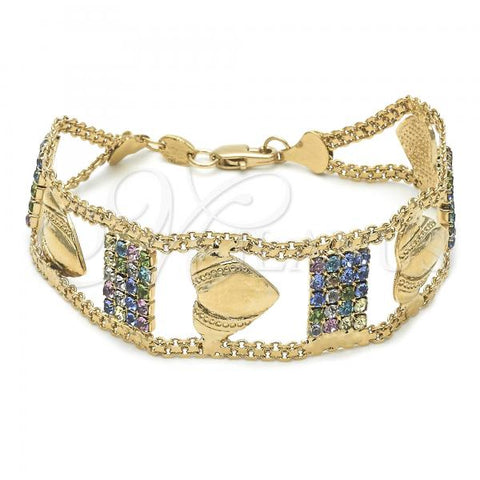 Oro Laminado Fancy Bracelet, Gold Filled Style Heart Design, with Multicolor Cubic Zirconia, Golden Finish, 25.005