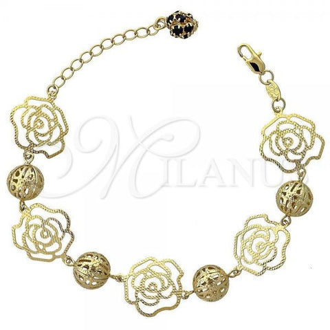 Oro Laminado Charm Bracelet, Gold Filled Style Flower Design, with Black Cubic Zirconia, Diamond Cutting Finish, Golden Finish, 5.017.005