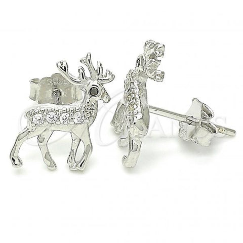 Sterling Silver Stud Earring, Deer Design, with Black and White Micro Pave, Polished, Rhodium Finish, 02.336.0158