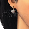 Oro Laminado Leverback Earring, Gold Filled Style Flower and Star Design, with Garnet and White Cubic Zirconia, Polished, Golden Finish, 02.210.0218.2