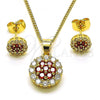 Oro Laminado Earring and Pendant Adult Set, Gold Filled Style with Garnet and White Cubic Zirconia, Polished, Golden Finish, 10.344.0009.3