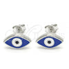 Sterling Silver Stud Earring, Evil Eye Design, Blue Enamel Finish, Rhodium Finish, 02.336.0055