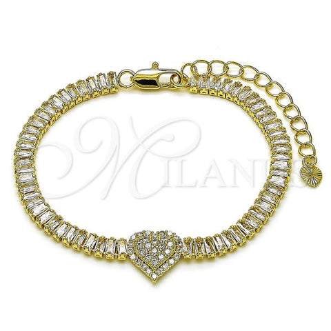 Oro Laminado Fancy Bracelet, Gold Filled Style Heart and Baguette Design, with White Cubic Zirconia and White Micro Pave, Polished, Golden Finish, 03.411.0035.07