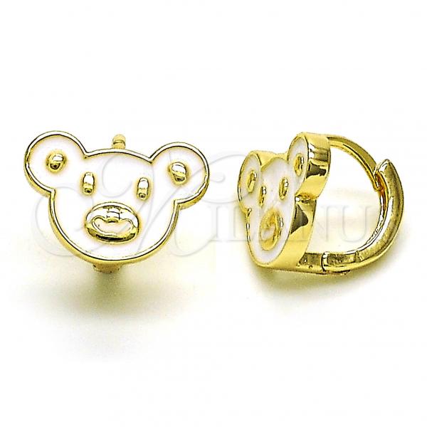 Oro Laminado Huggie Hoop, Gold Filled Style Teddy Bear Design, White Enamel Finish, Golden Finish, 02.210.0787.10