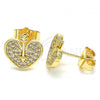 Oro Laminado Stud Earring, Gold Filled Style Heart Design, with White Micro Pave, Polished, Golden Finish, 02.156.0480