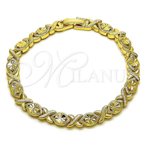 Oro Laminado Solid Bracelet, Gold Filled Style Hugs and Kisses Design, Diamond Cutting Finish, Golden Finish, 03.413.0005.07