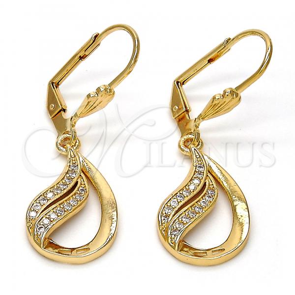 Oro Laminado Dangle Earring, Gold Filled Style Teardrop Design, with White Micro Pave, Polished, Golden Finish, 02.59.0112