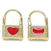 Oro Laminado Huggie Hoop, Gold Filled Style Lock and Heart Design, with White Micro Pave, Red Enamel Finish, Golden Finish, 02.213.0210.1.10