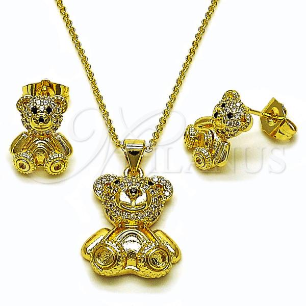 Oro Laminado Earring and Pendant Adult Set, Gold Filled Style Teddy Bear Design, with White and Black Micro Pave, Polished, Golden Finish, 10.156.0544