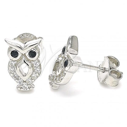 Sterling Silver Stud Earring, Owl Design, with Black and White Cubic Zirconia, Polished, Rhodium Finish, 02.336.0124