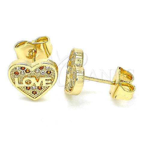 Oro Laminado Stud Earring, Gold Filled Style Heart and Love Design, with Garnet and White Micro Pave, Polished, Golden Finish, 02.156.0504.1