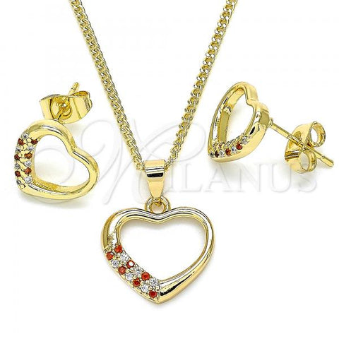 Oro Laminado Earring and Pendant Adult Set, Gold Filled Style Heart Design, with Garnet and White Micro Pave, Polished, Golden Finish, 10.344.0008.1