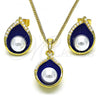 Oro Laminado Earring and Pendant Adult Set, Gold Filled Style Teardrop Design, with Ivory Pearl, Blue Enamel Finish, Golden Finish, 10.379.0055.2
