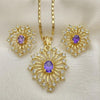 Oro Laminado Earring and Pendant Adult Set, Gold Filled Style with Amethyst and White Crystal, Polished, Golden Finish, 10.160.0122.2