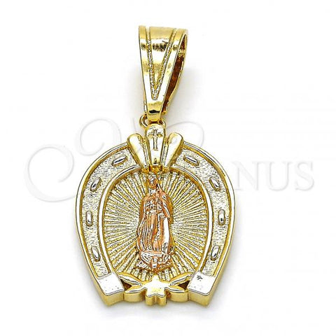 Oro Laminado Religious Pendant, Gold Filled Style Guadalupe and Flower Design, Polished, Tricolor, 05.120.0086.1