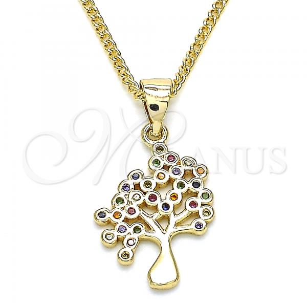 Oro Laminado Pendant Necklace, Gold Filled Style Tree Design, with Multicolor Micro Pave, Polished, Golden Finish, 04.156.0314.1.20