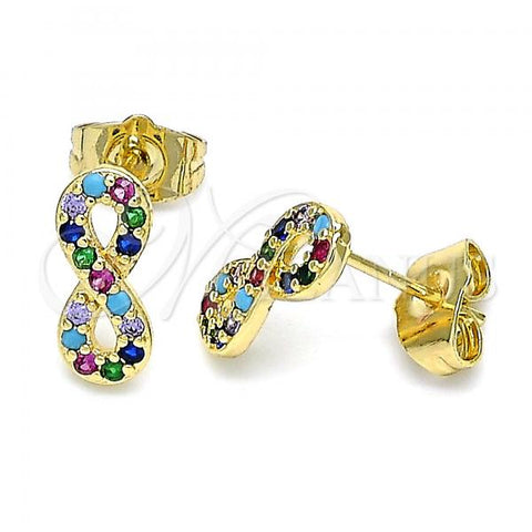 Oro Laminado Stud Earring, Gold Filled Style Infinite Design, with Multicolor Micro Pave, Polished, Golden Finish, 02.210.0510.1