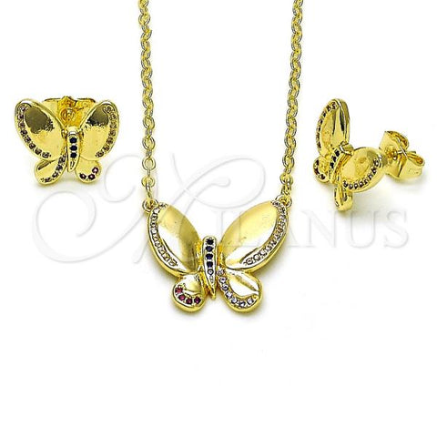 Oro Laminado Earring and Pendant Adult Set, Gold Filled Style Butterfly Design, with Multicolor Micro Pave, Polished, Golden Finish, 10.196.0157