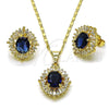 Oro Laminado Earring and Pendant Adult Set, Gold Filled Style Cluster and Baguette Design, with Capri Blue and White Cubic Zirconia, Polished, Golden Finish, 10.284.0043.3