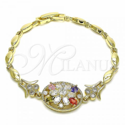 Oro Laminado Fancy Bracelet, Gold Filled Style Flower Design, with Multicolor Cubic Zirconia, Polished, Golden Finish, 03.316.0076.1.07