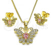 Oro Laminado Earring and Pendant Adult Set, Gold Filled Style Butterfly Design, with Pink Cubic Zirconia and White Micro Pave, Polished, Golden Finish, 10.210.0128.4
