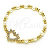 Oro Laminado Fancy Bracelet, Gold Filled Style Expandable Bead and Heart Design, with White Micro Pave and Ivory Pearl, Polished, Golden Finish, 03.299.0105.07
