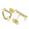 Oro Laminado Stud Earring, Gold Filled Style Heart and Butterfly Design, with Garnet and White Micro Pave, Polished, Golden Finish, 02.195.0127.1