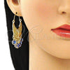 Oro Laminado Long Earring, Gold Filled Style Guadalupe and Evil Eye Design, Blue Resin Finish, Golden Finish, 02.380.0056.2