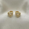 Oro Laminado Stud Earring, Gold Filled Style Heart Design, with White Micro Pave, Polished, Golden Finish, 02.342.0132