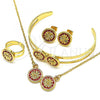 Oro Laminado Earring and Pendant Children Set, Gold Filled Style Flower Design, Red Enamel Finish, Golden Finish, 06.361.0004