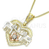 Oro Laminado Pendant Necklace, Gold Filled Style Heart and Elephant Design, with White Crystal, Polished, Tricolor, 04.351.0020.2.20