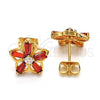 Oro Laminado Stud Earring, Gold Filled Style Flower Design, with Garnet and White Cubic Zirconia, Polished, Golden Finish, 02.210.0250