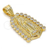 Oro Laminado Religious Pendant, Gold Filled Style Guadalupe Design, with White Cubic Zirconia, Polished, Golden Finish, 05.120.0019