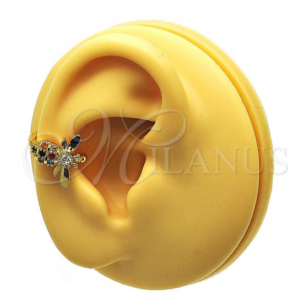 Oro Laminado Earcuff Earring, Gold Filled Style Bee Design, with Multicolor Micro Pave, Polished, Golden Finish, 02.210.0684.1
